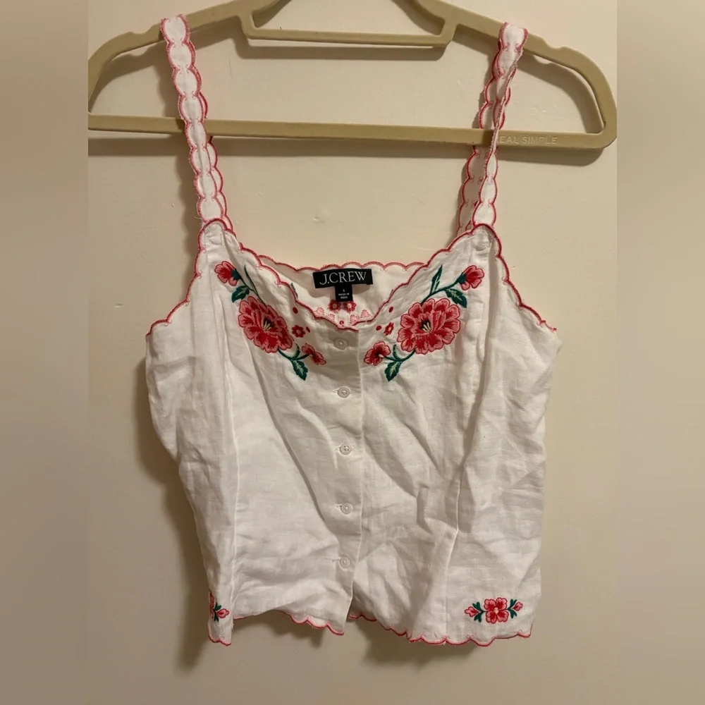 J.Crew Embroidered Scallop Trim Linen Strappy Top Floral - Picture 3 of 6